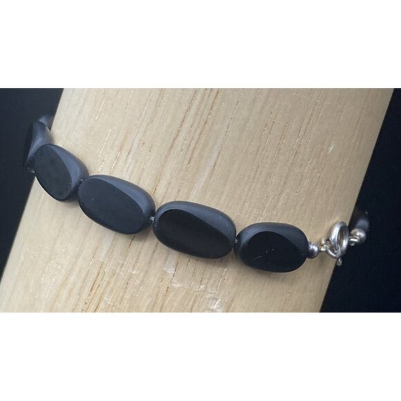 Vtg Black Onyx Bracelet Flat Bevel Bead Tests Sterling Silver Spring Ring 7.5 in - Picture 7 of 8
